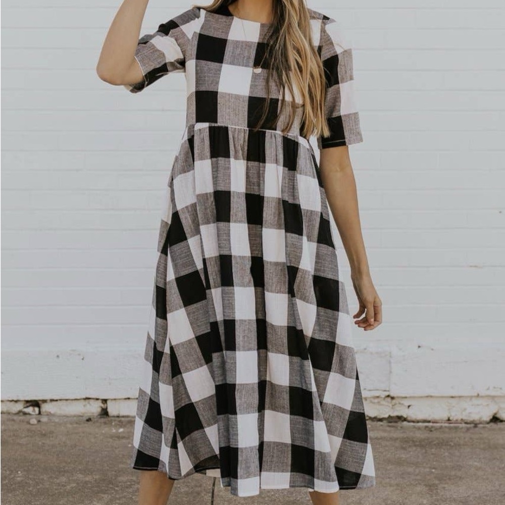 Roolee Black and White Plaid Midi Dress